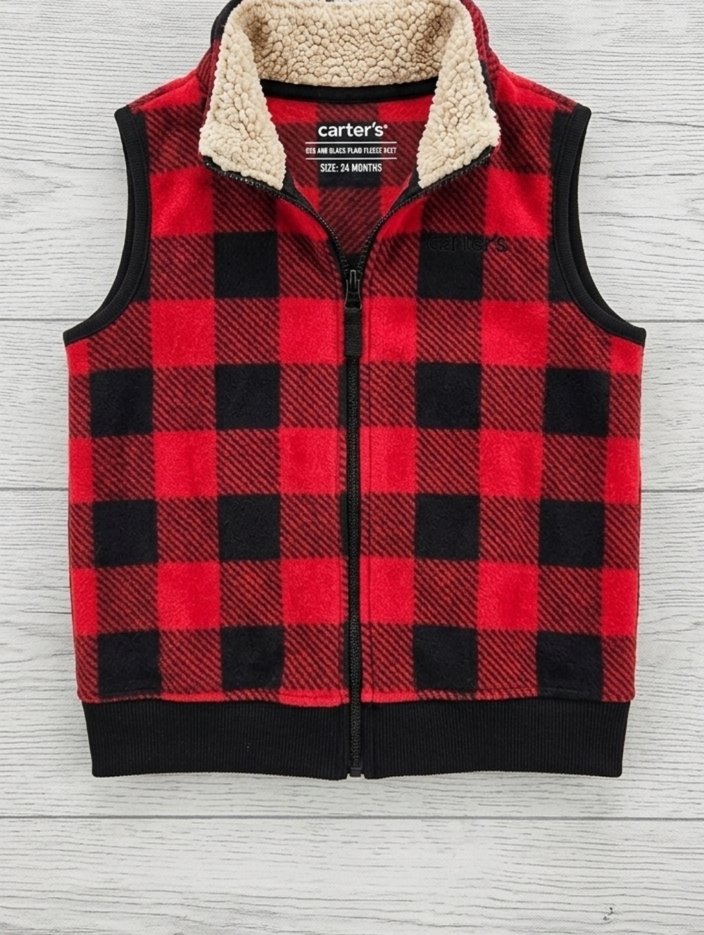 Carter's Red and Black Plaid Fleece Vest (24 Months)